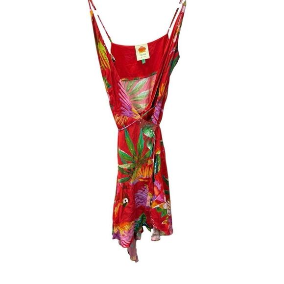 Farm Rio Red Tropical Parrot Wrap Dress XS Asymmetrical Midi Vacation Ready - Picture 7 of 13